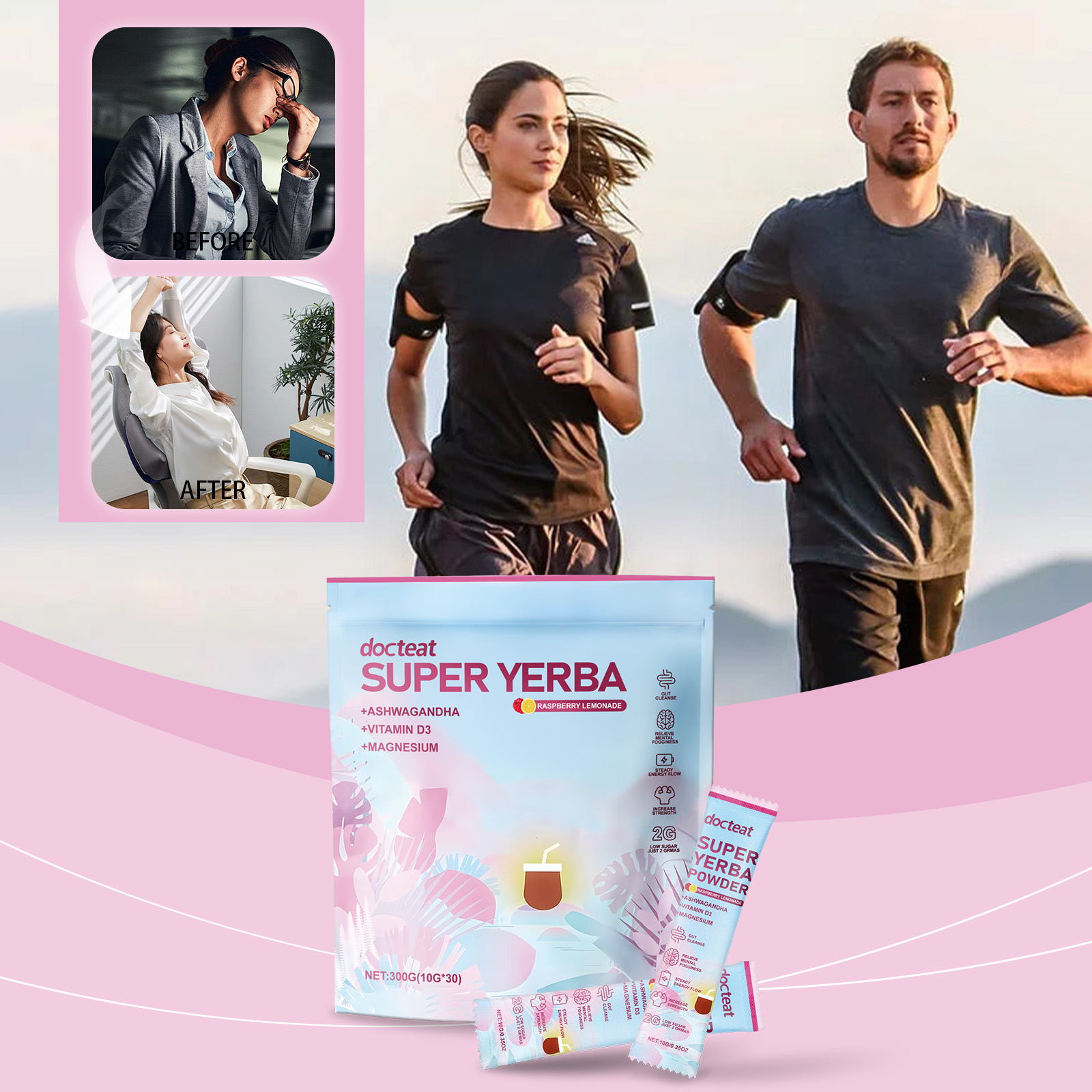 Hot Selling Super Yerba Instant Tea Powder Herbaceous For Adults Low Sugar Wellness Supplement In Raspberry Lemonade Flavor