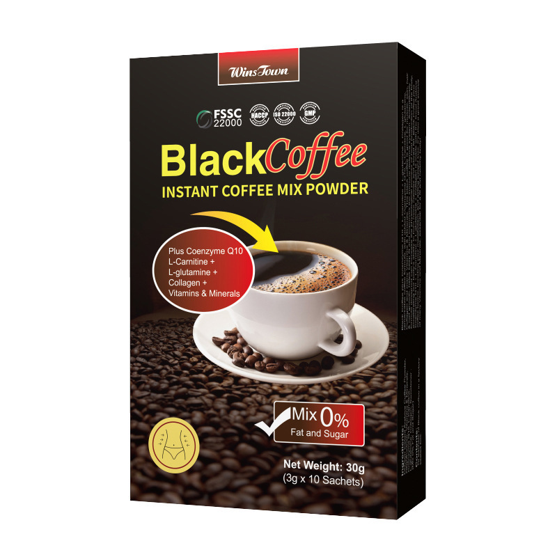 M&eacute;lange instantan&eacute; de caf&eacute; noir en poudre avec CoQ10 et L-carnitine - 0 % de mati&egrave;res grasses et de sucre, 10 sachets