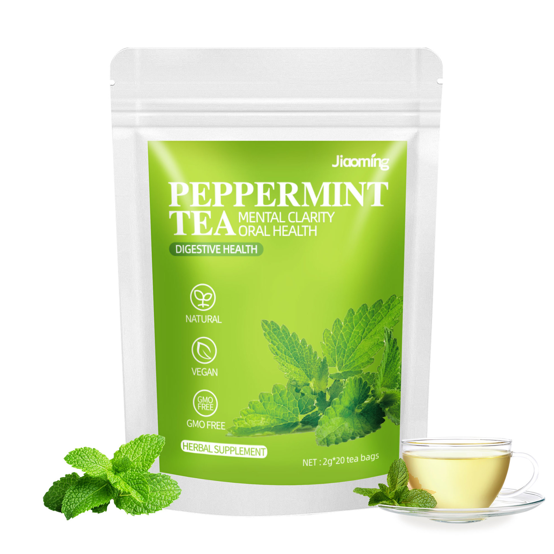 薄荷草本茶，用于消化支持与思维清晰，天然纯素非转基因膳食补充剂，保持口腔清新
