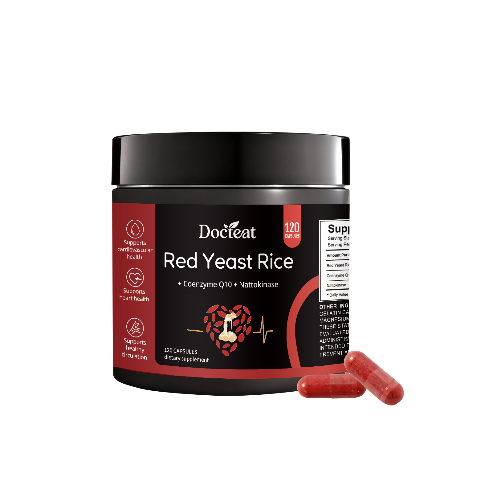 Red Yeast Rice Supplement With Coq10 And Nattokinase For Heart Health - 120 Capsules Dietary Support Cardiovascular Circulation