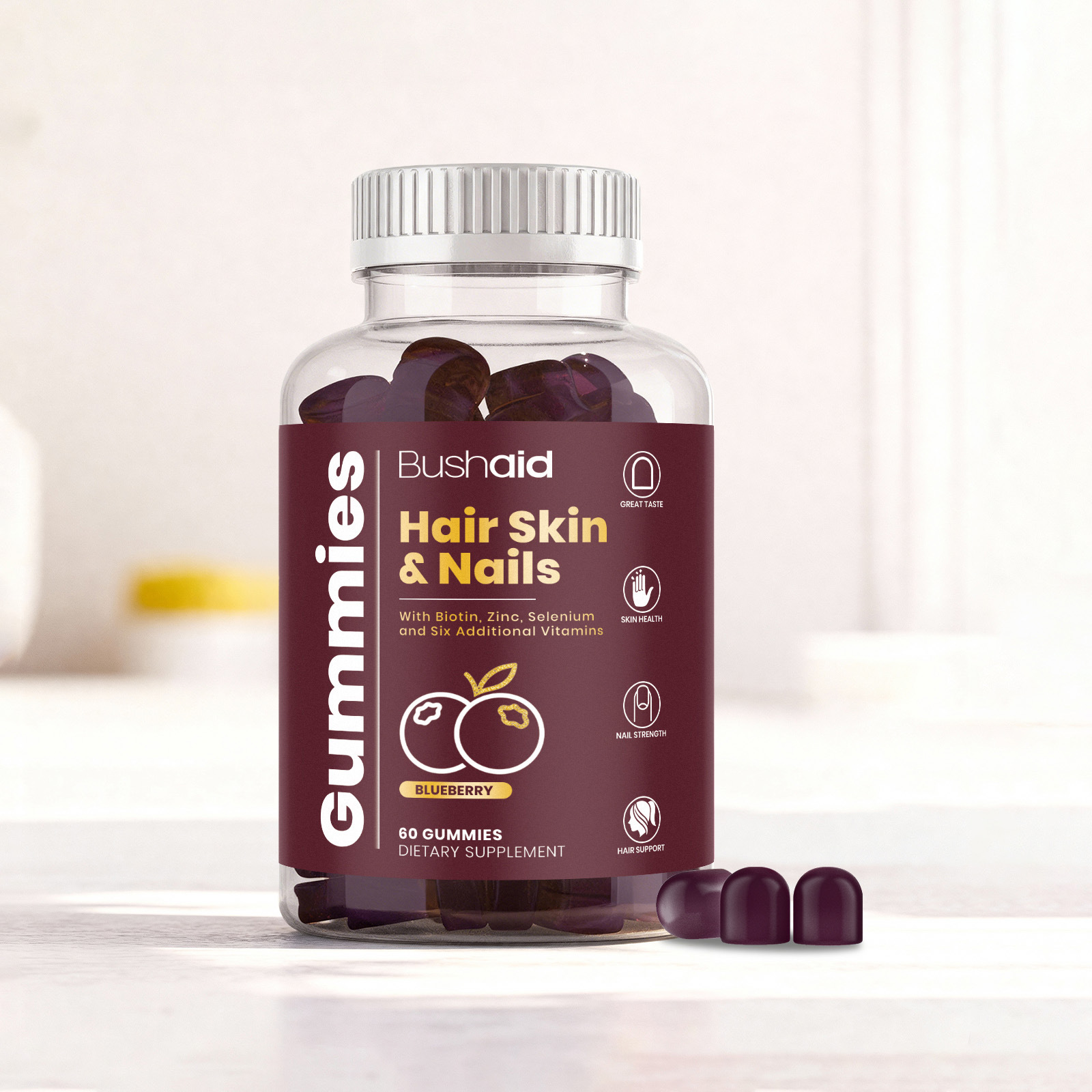 กัมมี่รสブルーベリーสำหรับผม ผิว และเล็บ พร้อมไบโอติน สังกะสี ซีลีเนียม - ส่วนผสมวิตามินและแร่ธาตุ 10 ชนิด สำหรับกัมมี่ความงาม