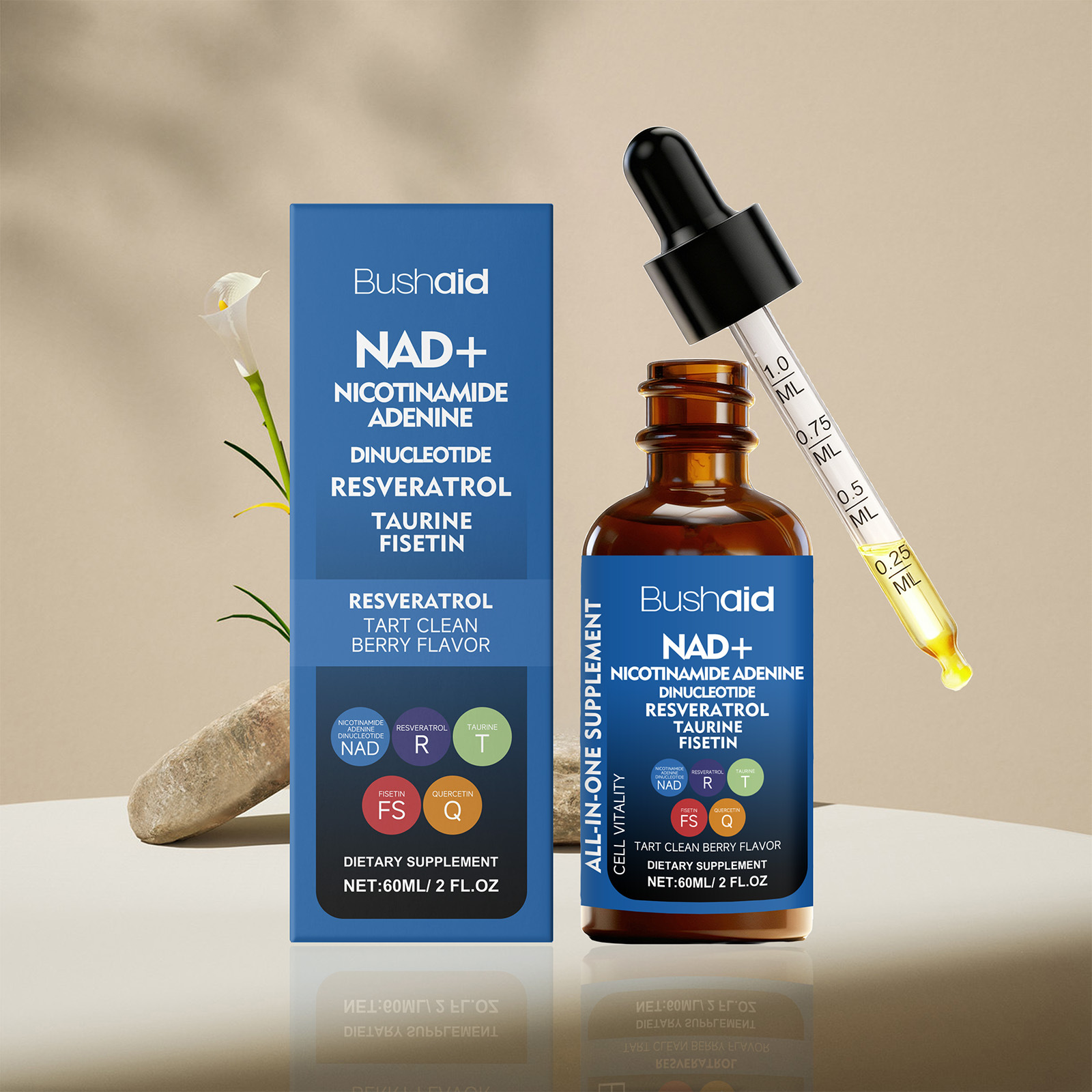 Nad+ 白藜芦醇 牛磺酸 非瑟酮 液体滴剂 酸浆果味 - 高级细胞能量滴剂