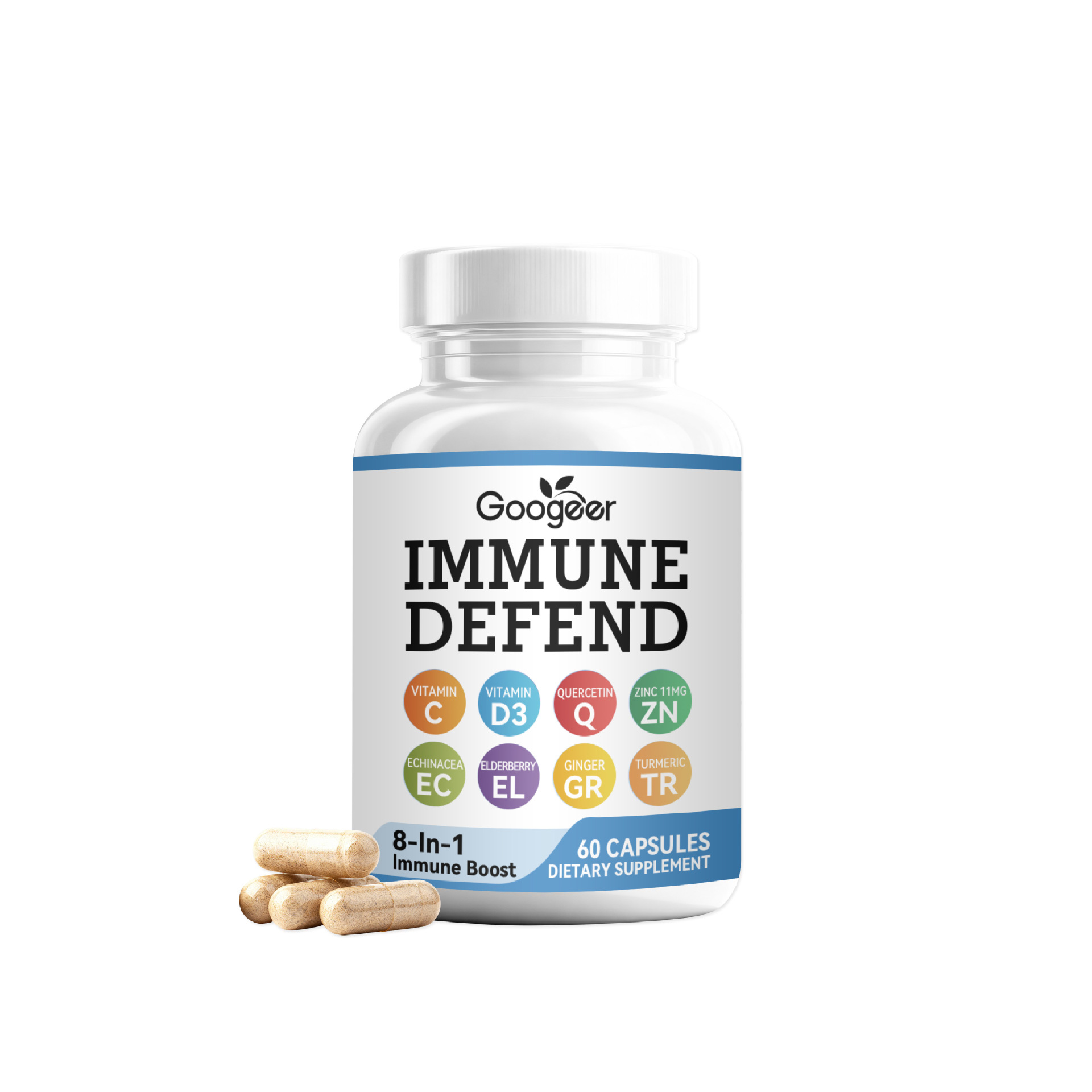 8-in-1 Immune Support Supplement Capsules With Vitamin C D3 Quercetin Zinc Echinacea Elderberry Ginger Turmeric Capsules
