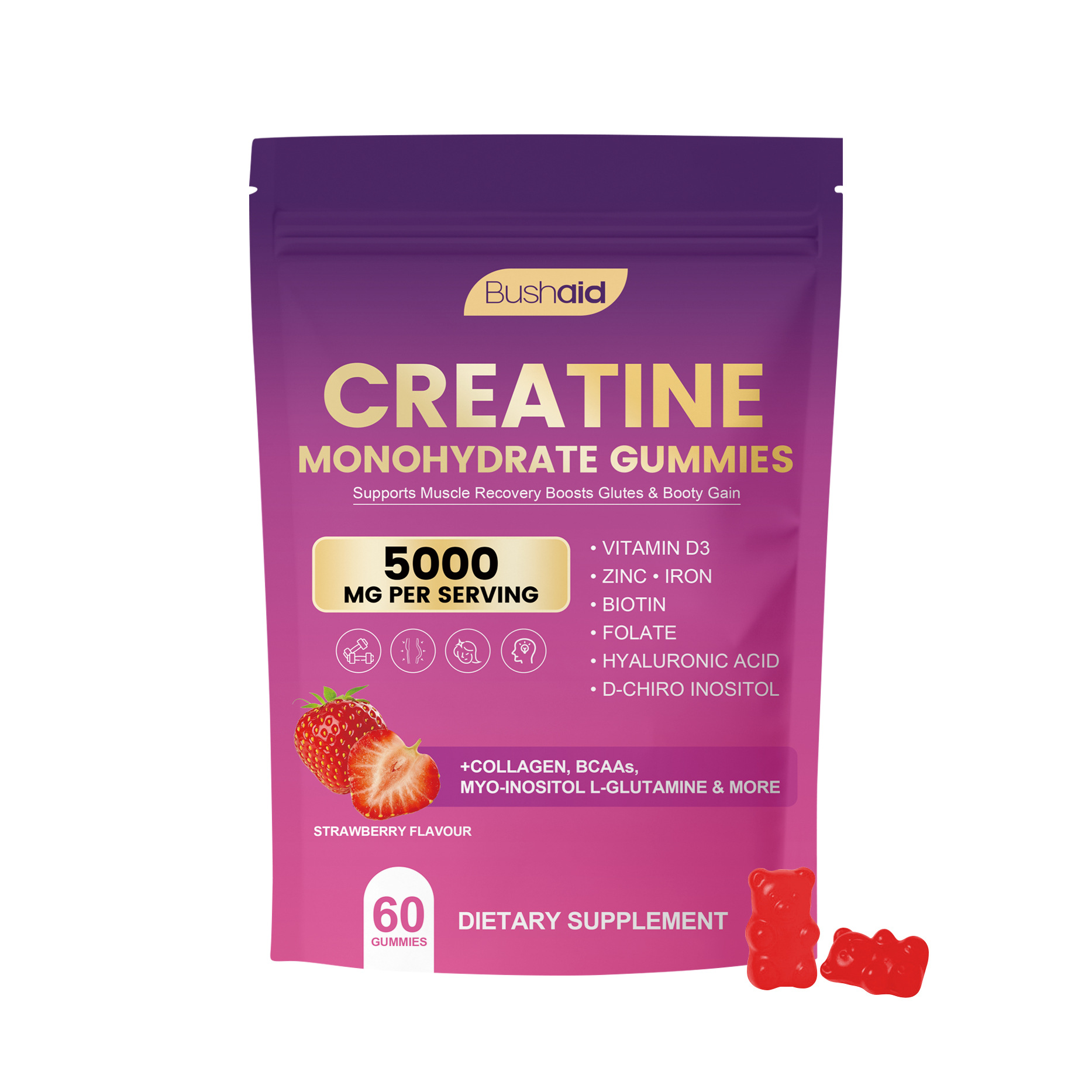Creatine Monohydrate Antioxidant Gummy Candy Dietary Supplement 5000 Mg Per Serving Adult 60 Count