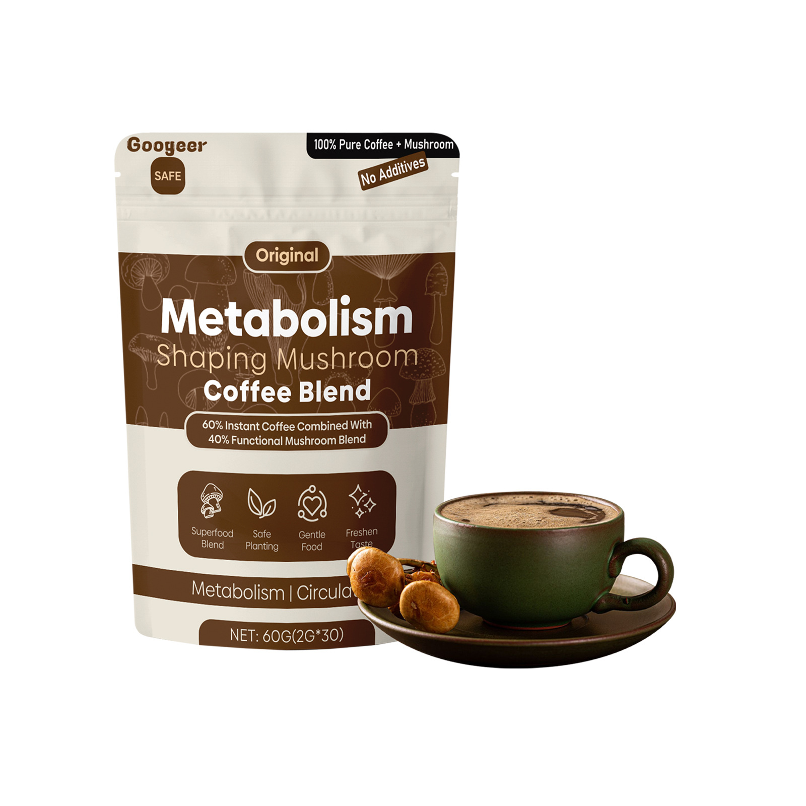 Гем Mushroom Coffee без сахара кето растворимый мягкий напиток для стройности смесь 60 г пакет упаковка