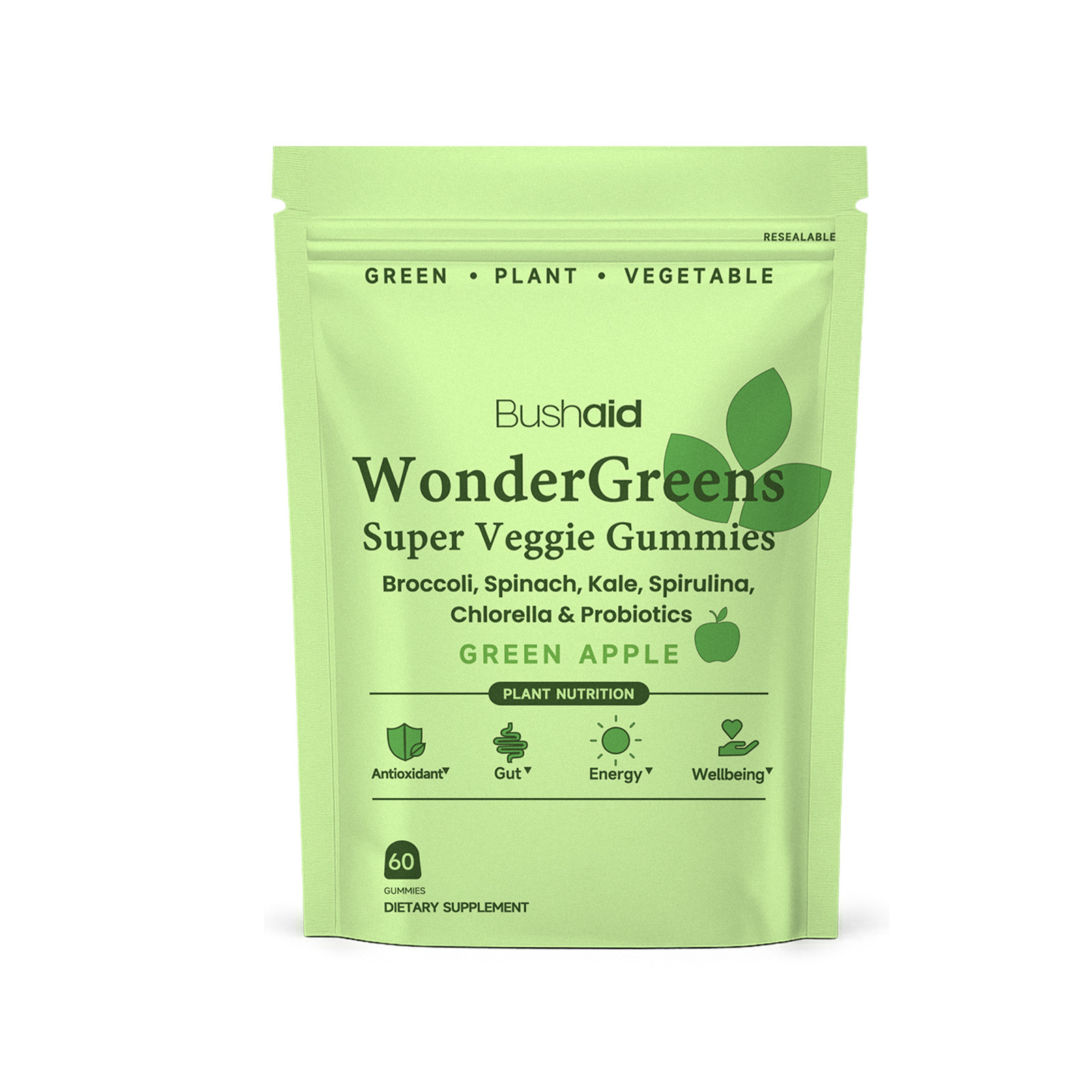 Wonder Greens Super Veggie Gummies Green Apple Flavor With Broccoli Spinach Chlorella And Probiotics Plant Gummies