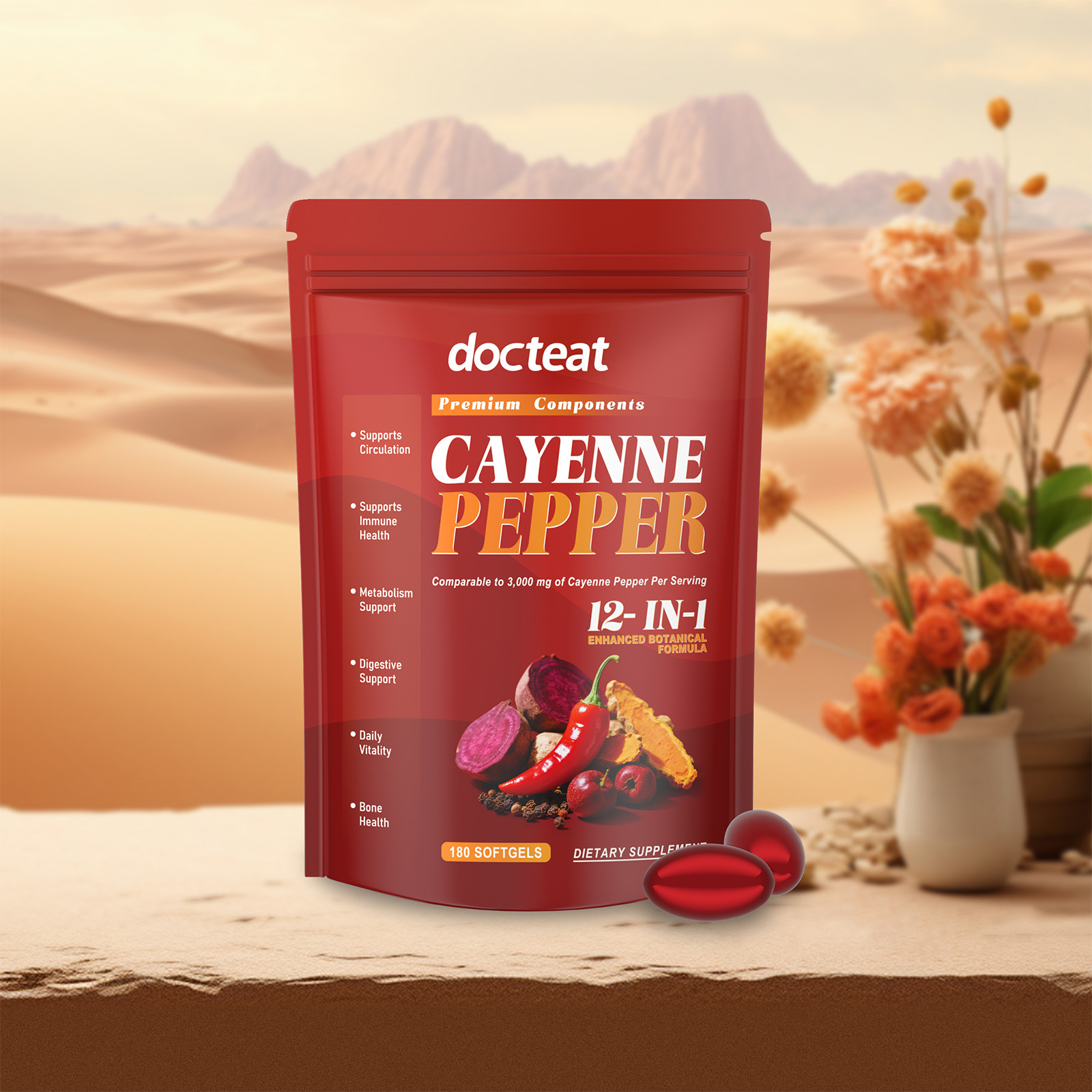 Premium 12 In 1 Botanical Cayenne Pepper Softgels Supplement For Daily Body Vitality Metabolic Wellness Care