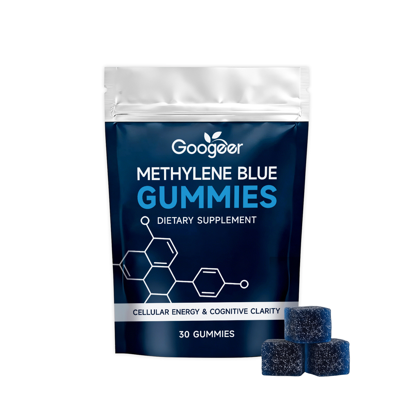 柔软温和M蓝色软糖膳食补充剂，用于日常细胞能量、思维清晰、健康护理软糖
