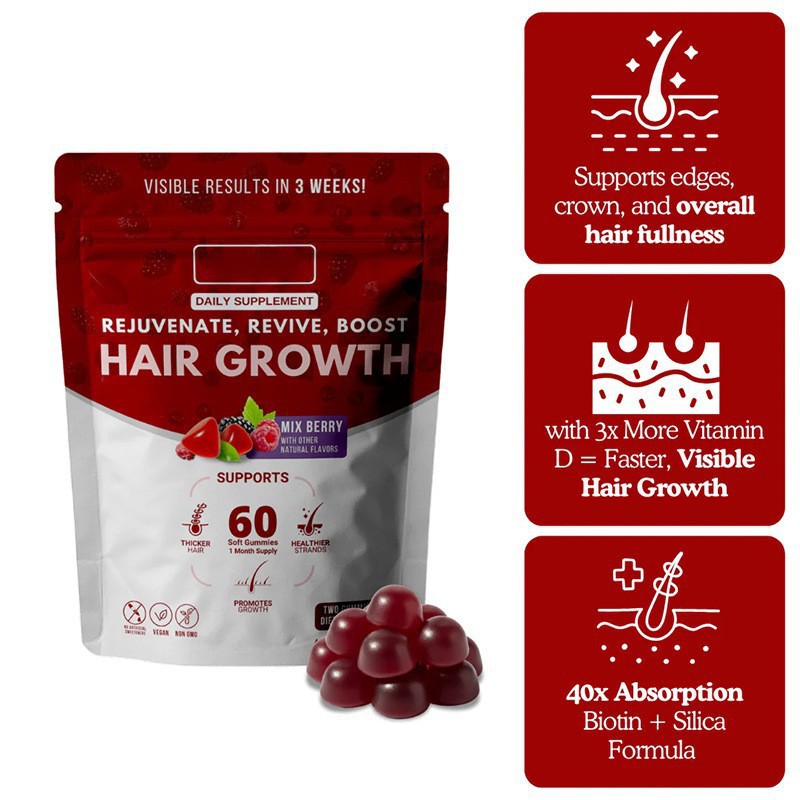 Tr&egrave;s vendu Gummies pour la croissance des cheveux pour adultes - 60 unit&eacute;s