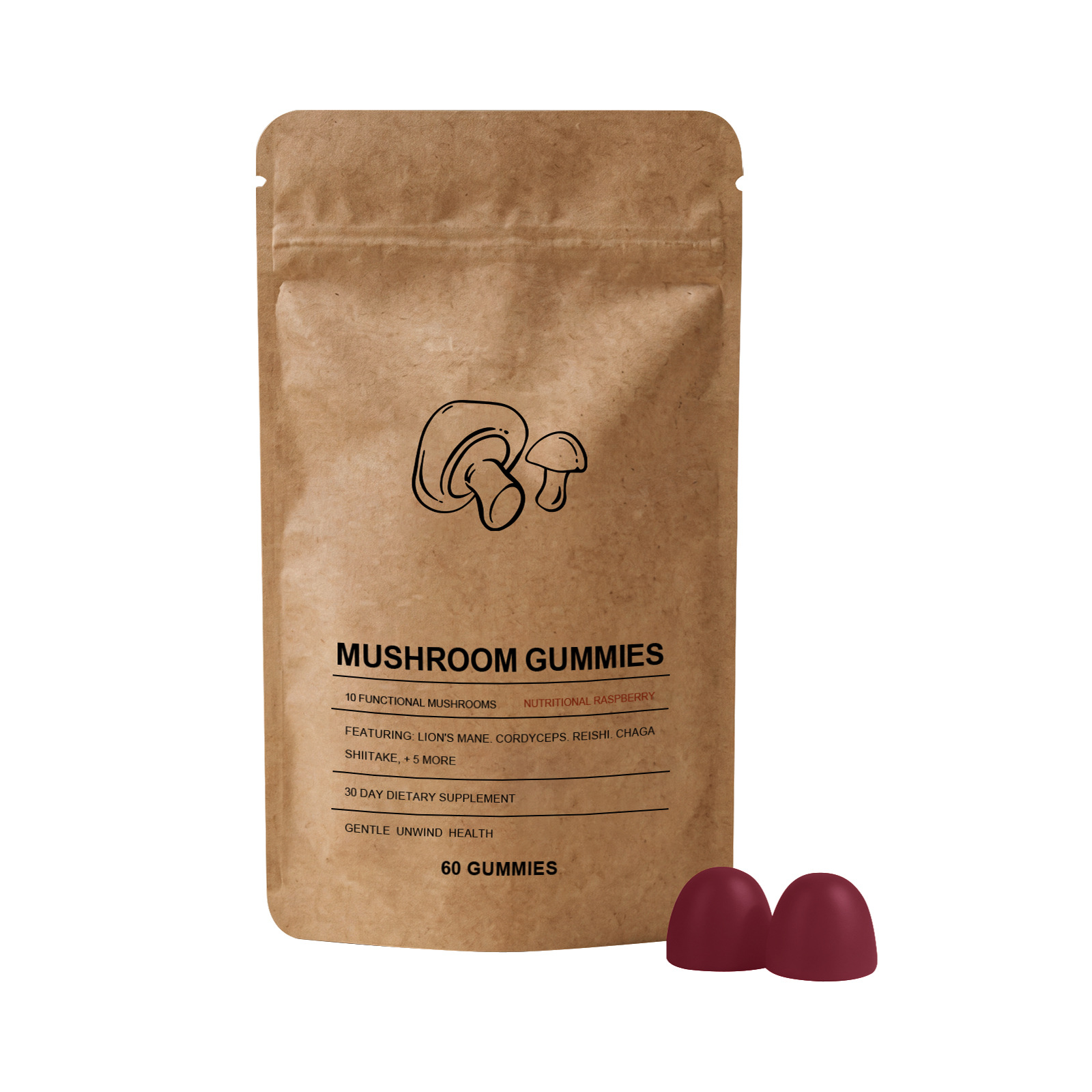 Mushroom-flavored Gut-health Gummies 10 Functional Mushrooms Nutritional Raspberry 60 Count-promote Digestion Support Graceful