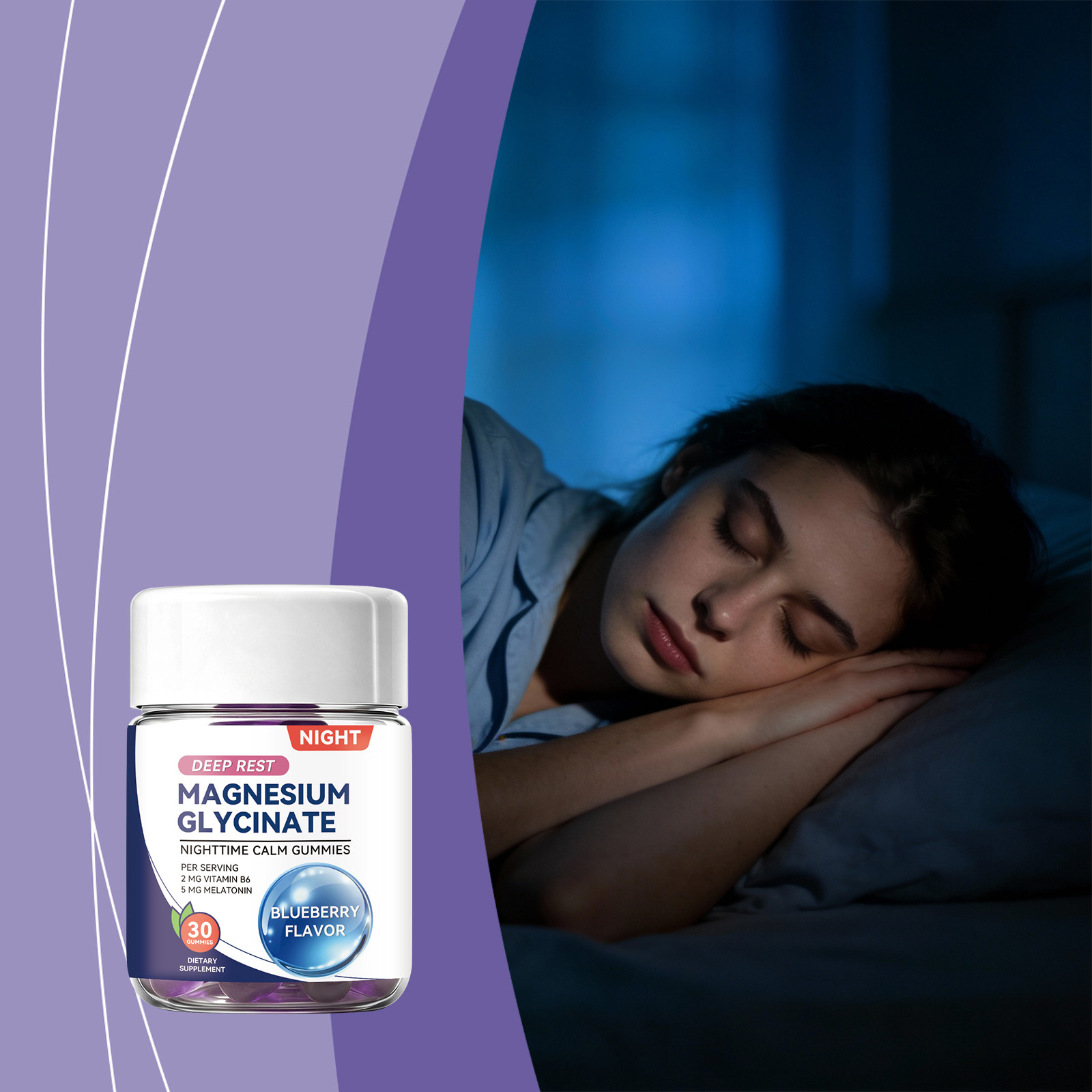 Tasty Blueberry Magnesium Glycinate Nighttime Calm Gummies With Melatonin Vitamin B6 For Night Rest Daily Wellness Support
