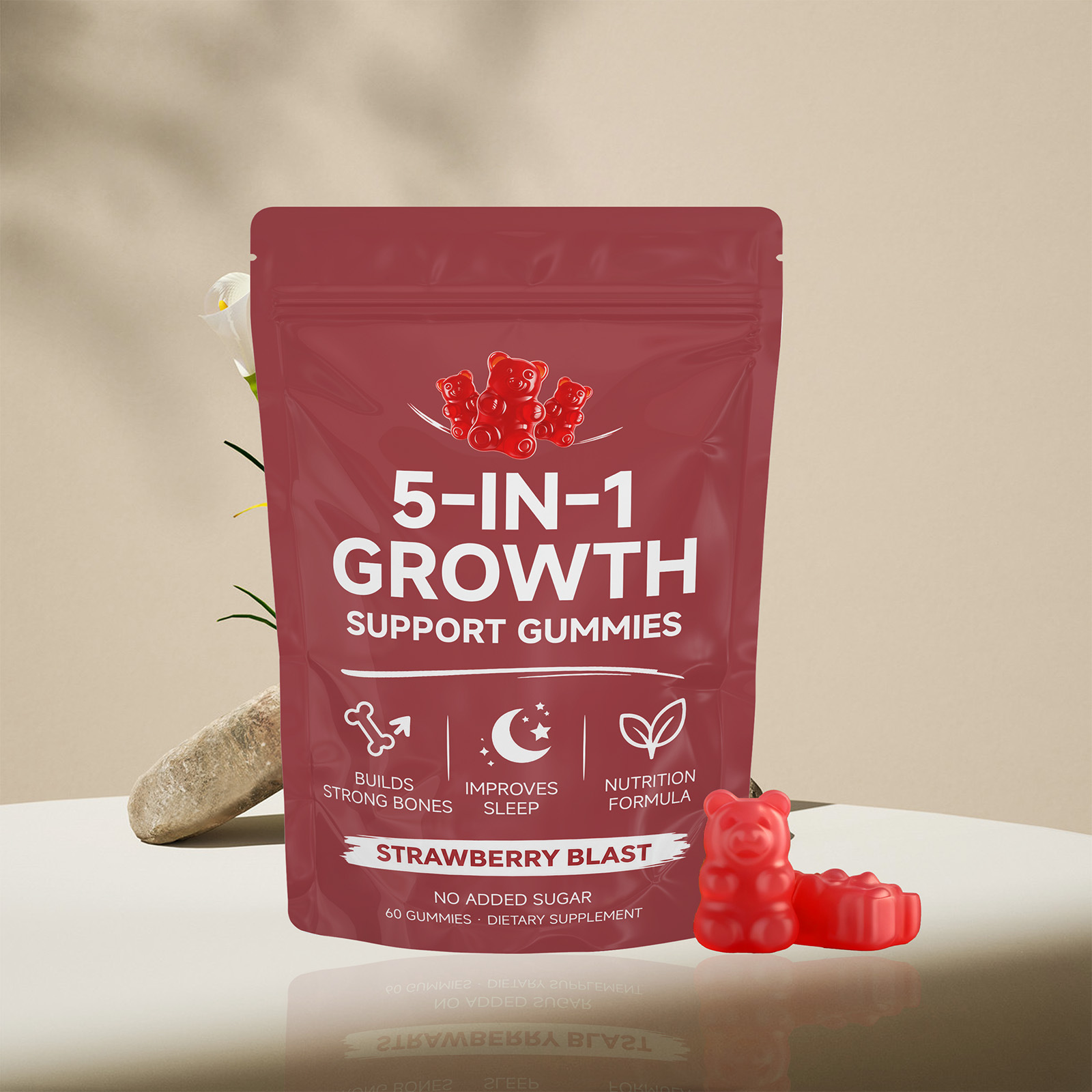Premium Strawberry 5 In 1 Growth Support Gummies For Kids Bone Sleep Daily Nutritional Care