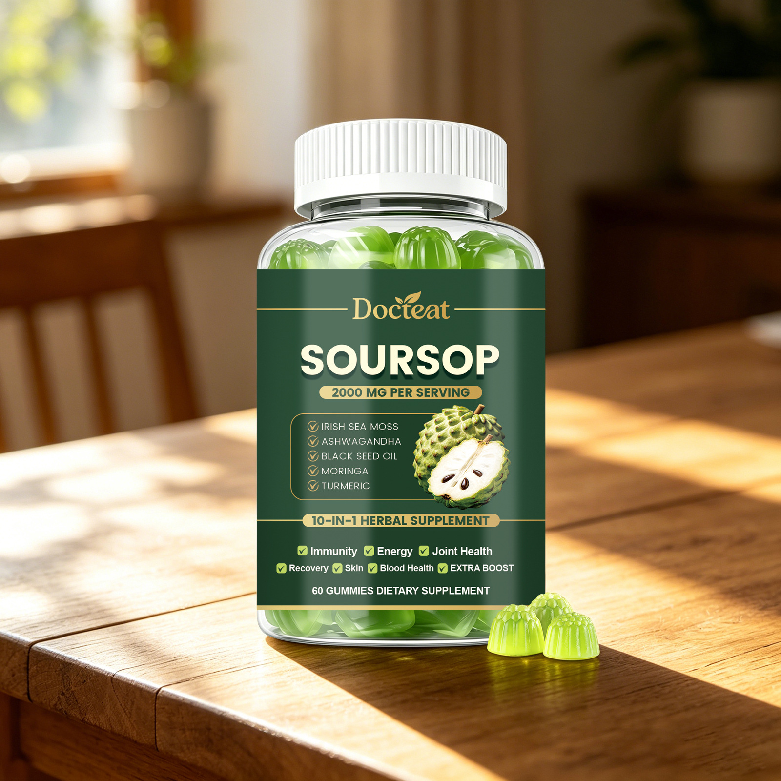 Premium 10 en 1 Gummies &agrave; base de plantes de corossol avec mousse de mer et curcuma pour adultes, soutien nutritionnel quotidien du corps