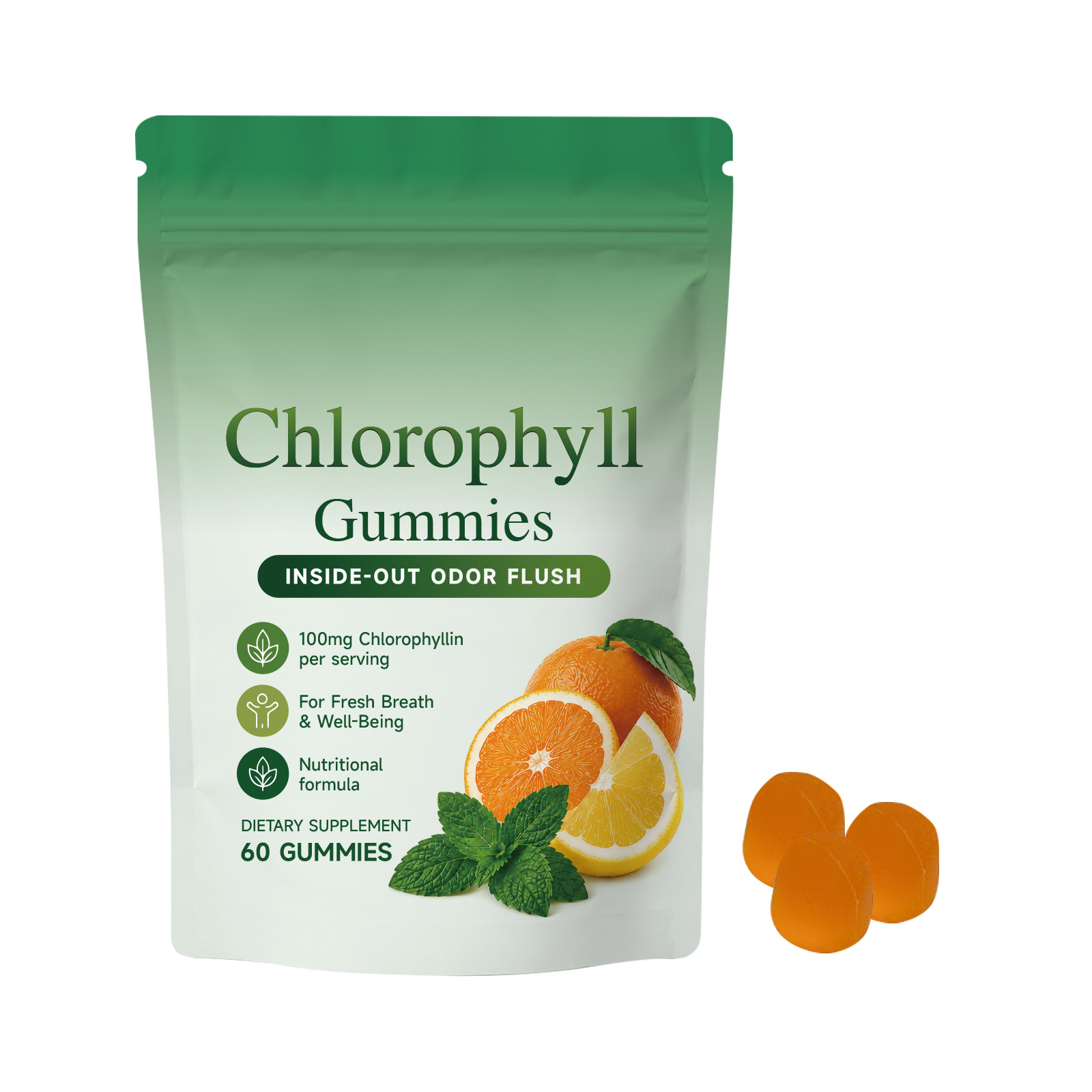 Gommes nutritionnelles &agrave; m&acirc;cher &agrave; saveur d'agrumes premium avec chlorophylle pour un apport alimentaire quotidien
