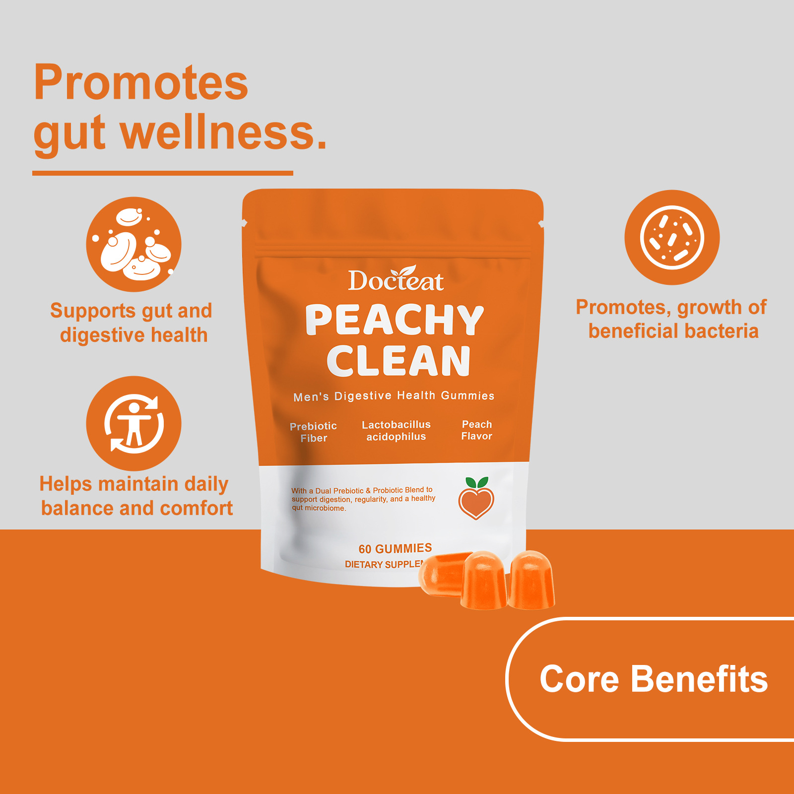 Premium Tasty Peach Flavor Gummies With Prebiotic Probiotic Blend For Daily Dietary Nutrition